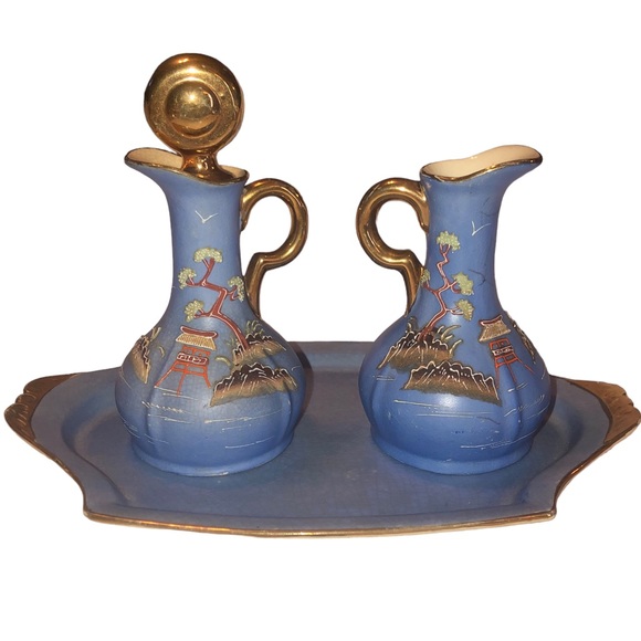 Vintage Hinode Made in Japan Cruets Oil Vinegar Blue Gold Tray Hand Painted - Picture 1 of 15